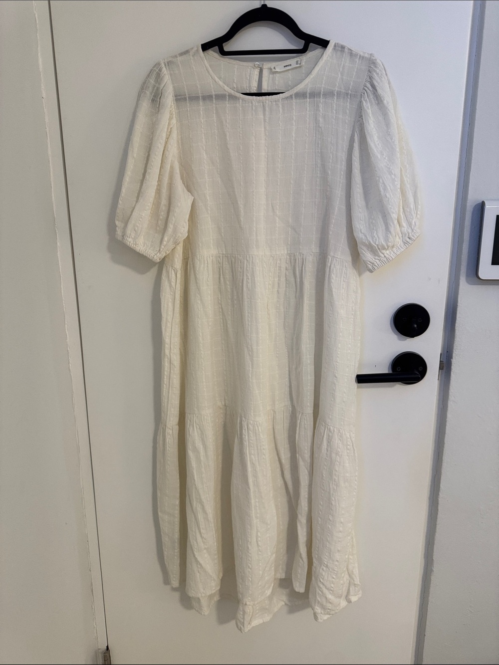 MANGO Cream Textured Midi Dress with Puff Sleeves